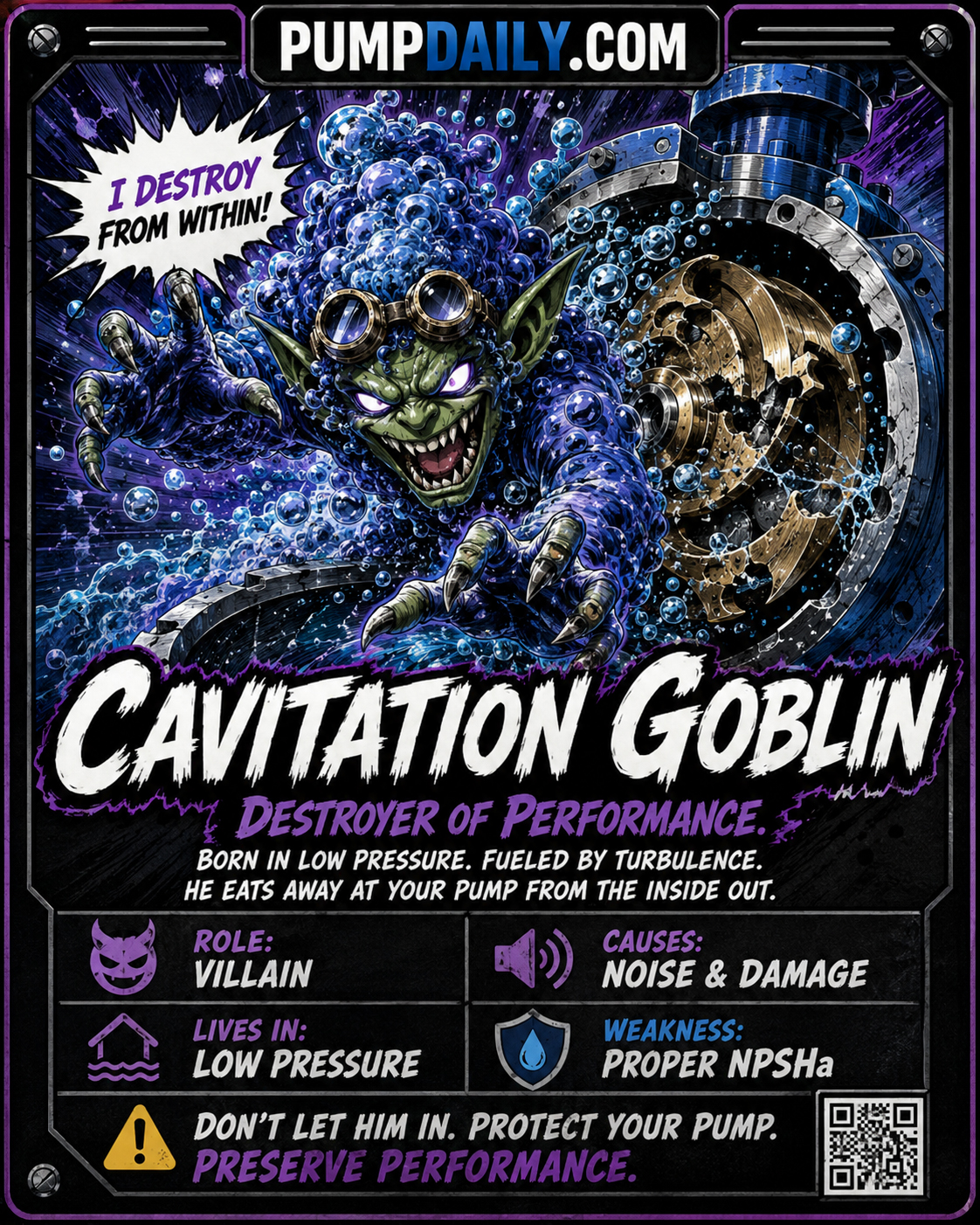 Cavitation Goblin character card showing the destroyer of pump performance