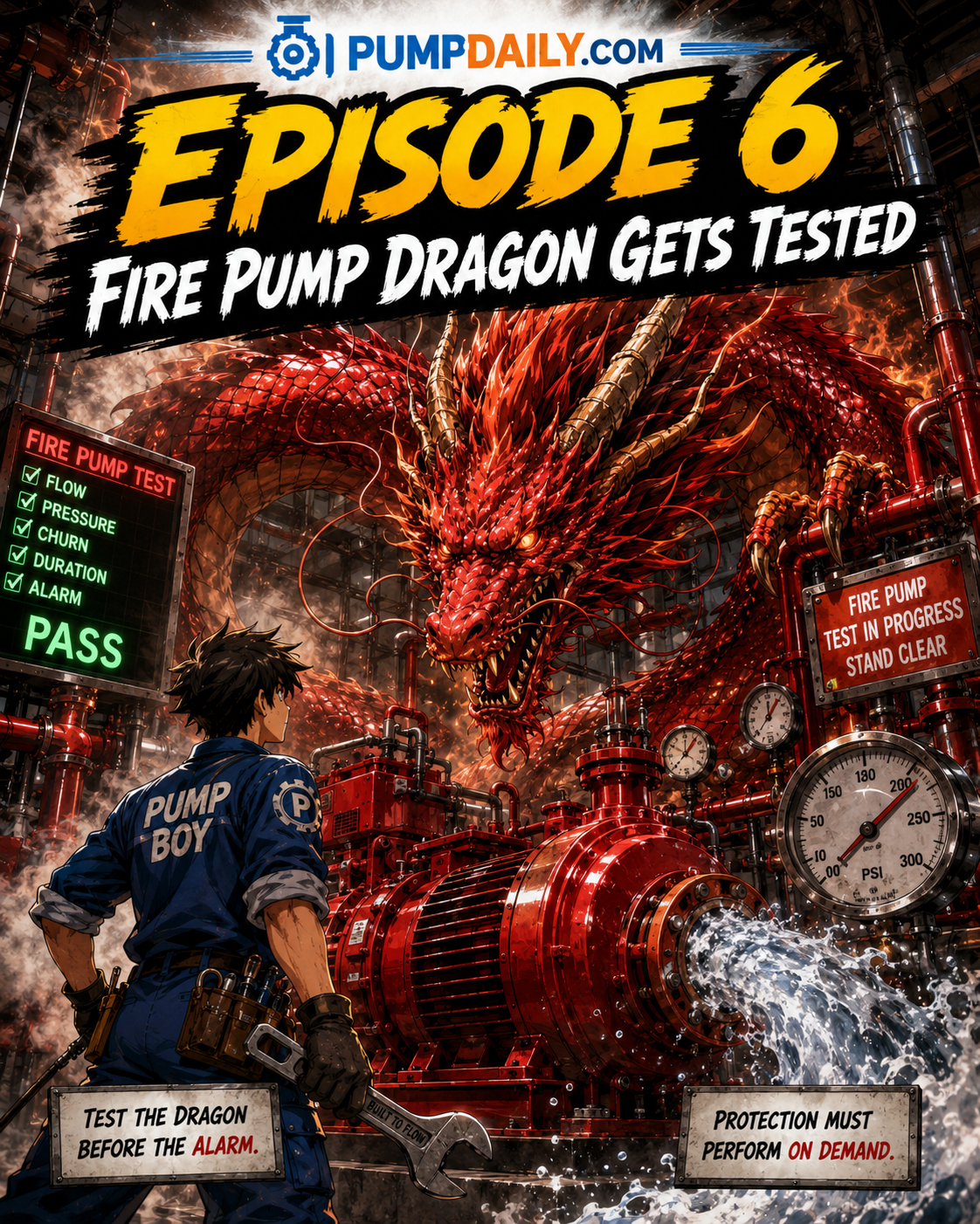 Episode 6 cover showing Fire Pump Dragon during a fire pump test