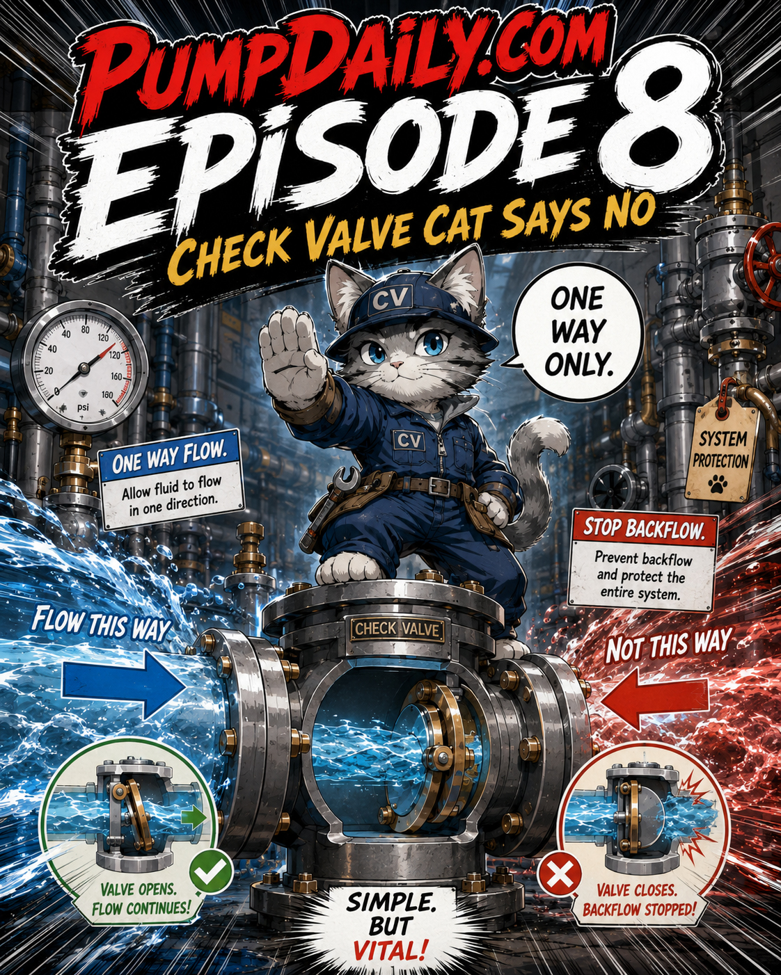 Episode 8 cover showing Check Valve Cat stopping reverse flow