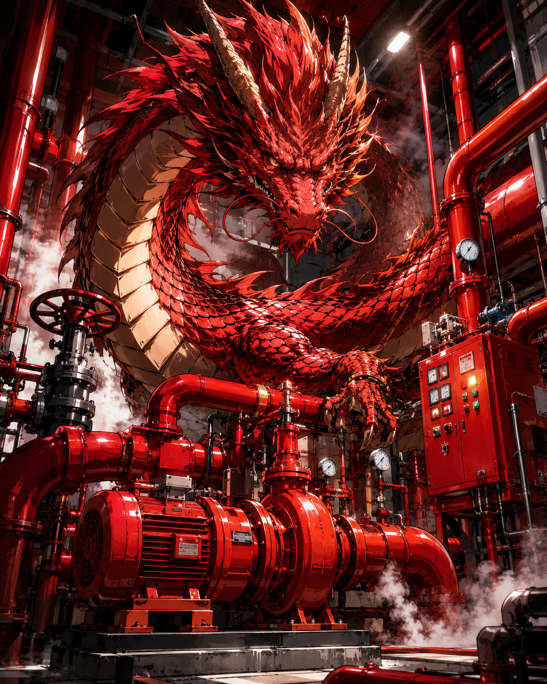 Fire Pump Dragon in a red pump room with fire pump equipment
