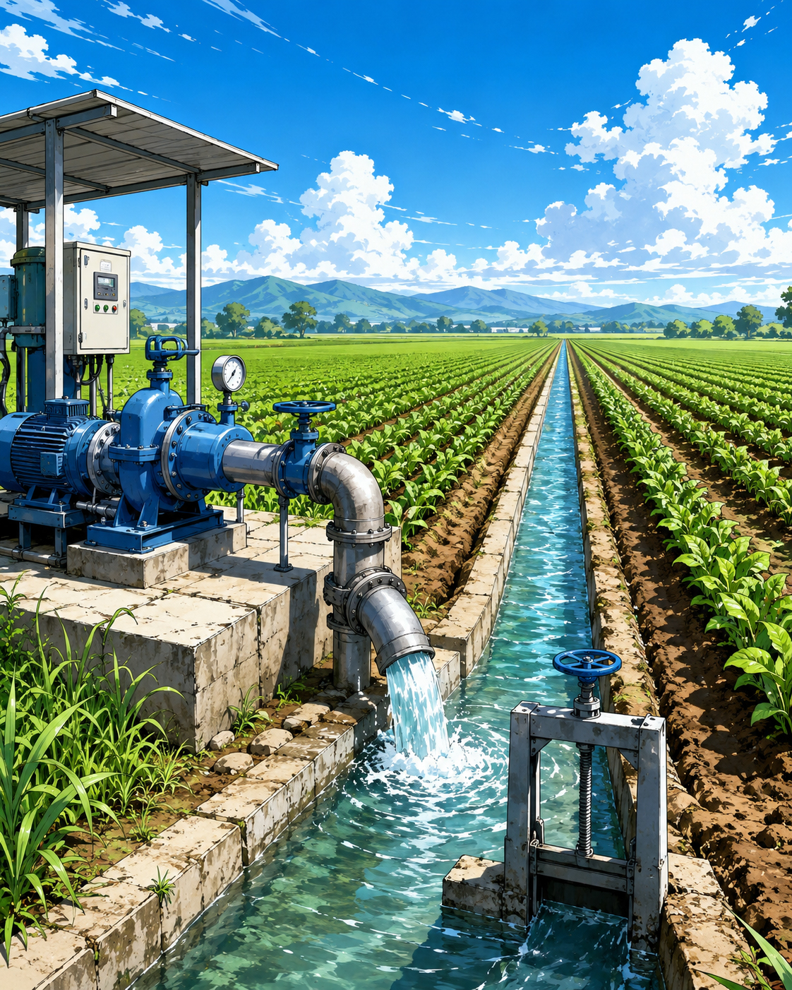 Irrigation field lines showing long pipe runs and water distribution