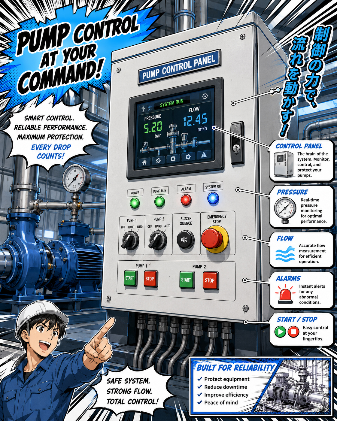 Pump control panel with switches, gauges, and warning lights