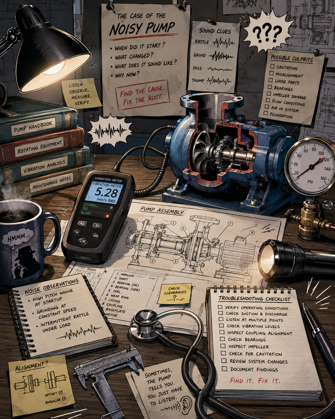 Pump troubleshooting desk with controls, notes, and diagnostic clues
