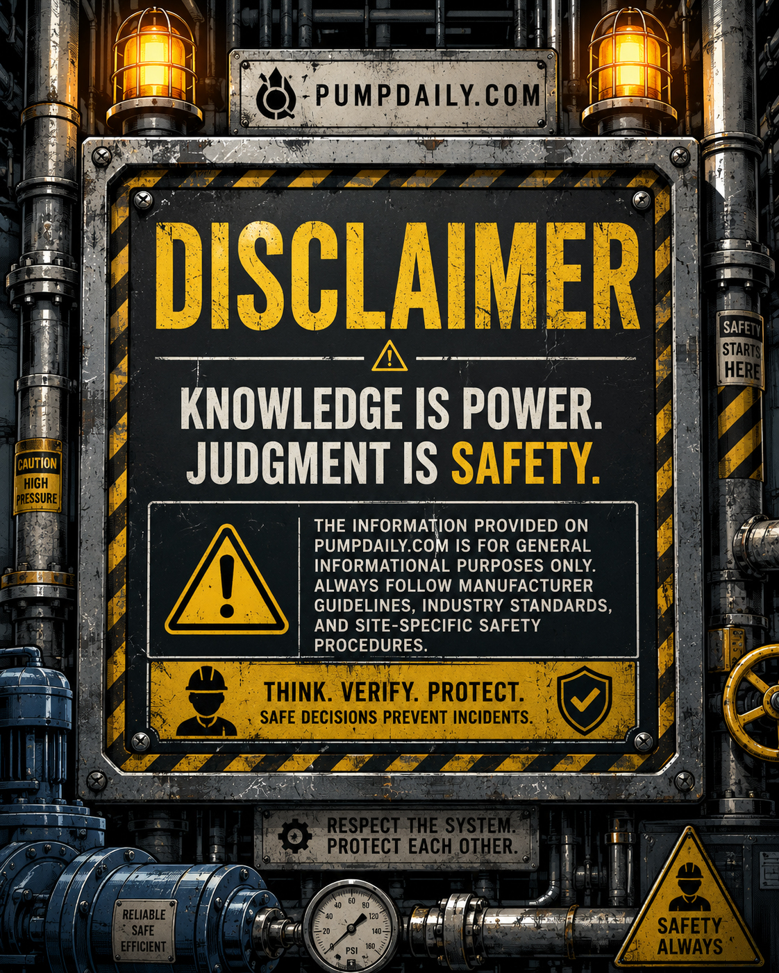 PumpDaily disclaimer warning panel with pump-room safety icons