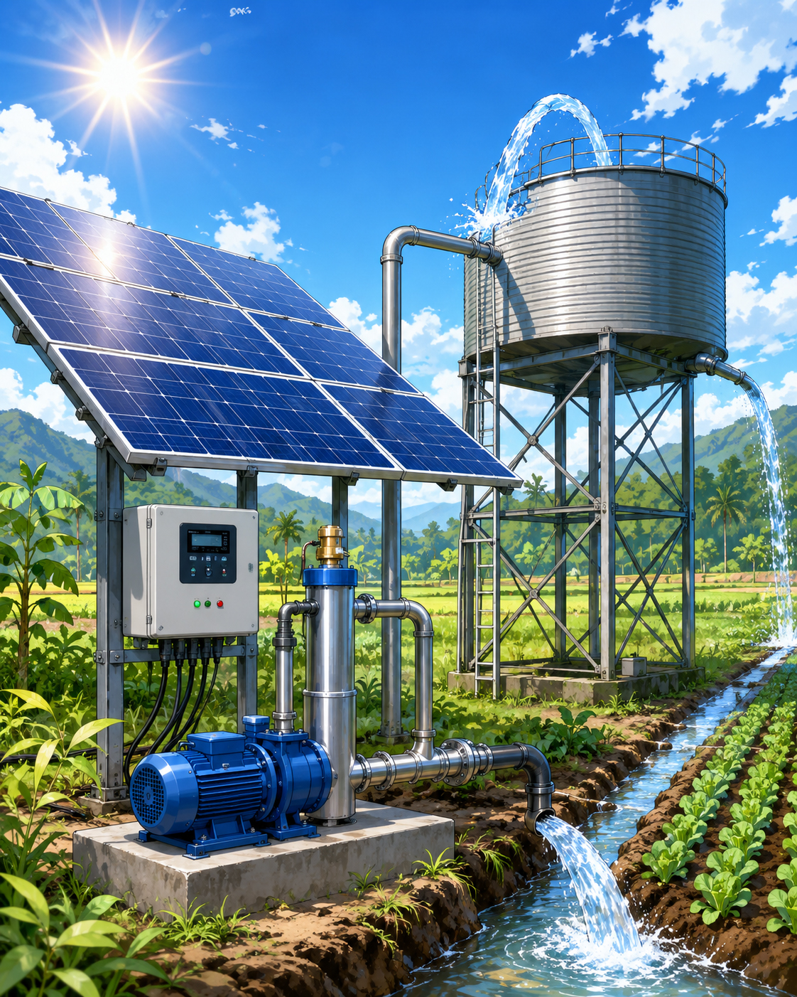 Solar pump panels, water tank, and solar control strategy