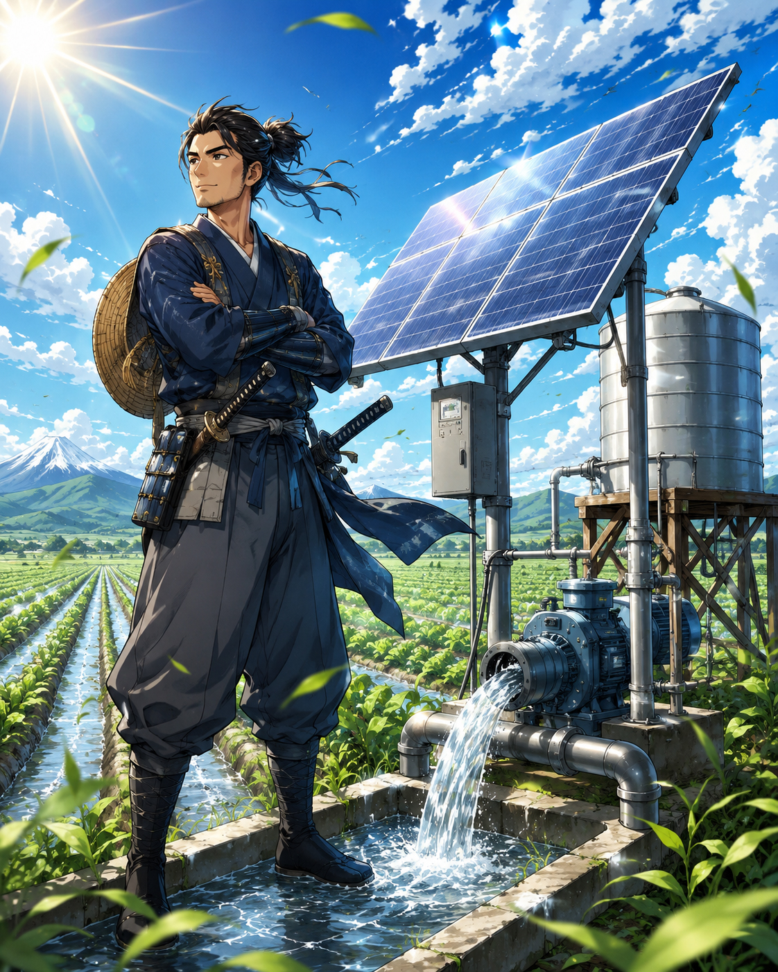 Solar Pump Samurai near solar panels and irrigation pump equipment