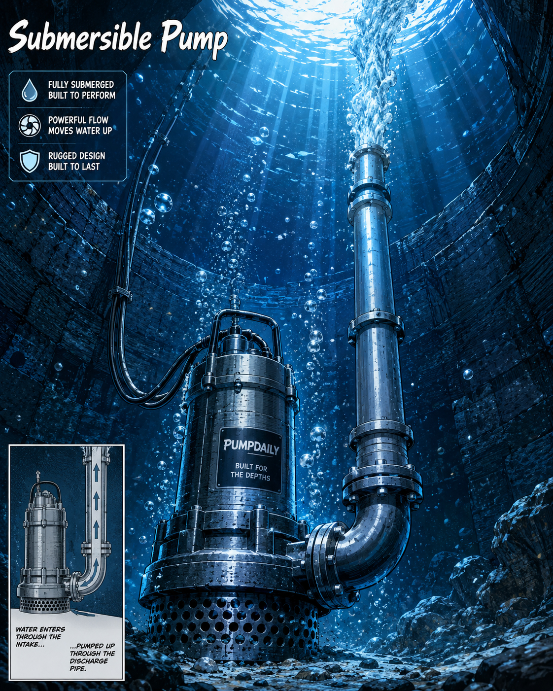 Submersible pump operating underwater in a dramatic PumpDaily scene