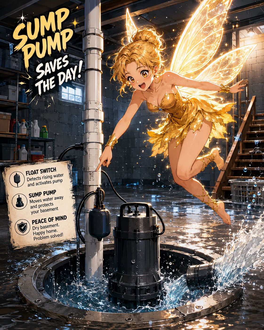 Sump pump basement flood scene with Float Switch Fairy